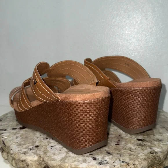 VIONIC MALORIE Raffia Natural Tan Leather Open Toe Slip On Wedge Sandals Sz 9.5 - Picture 10 of 16